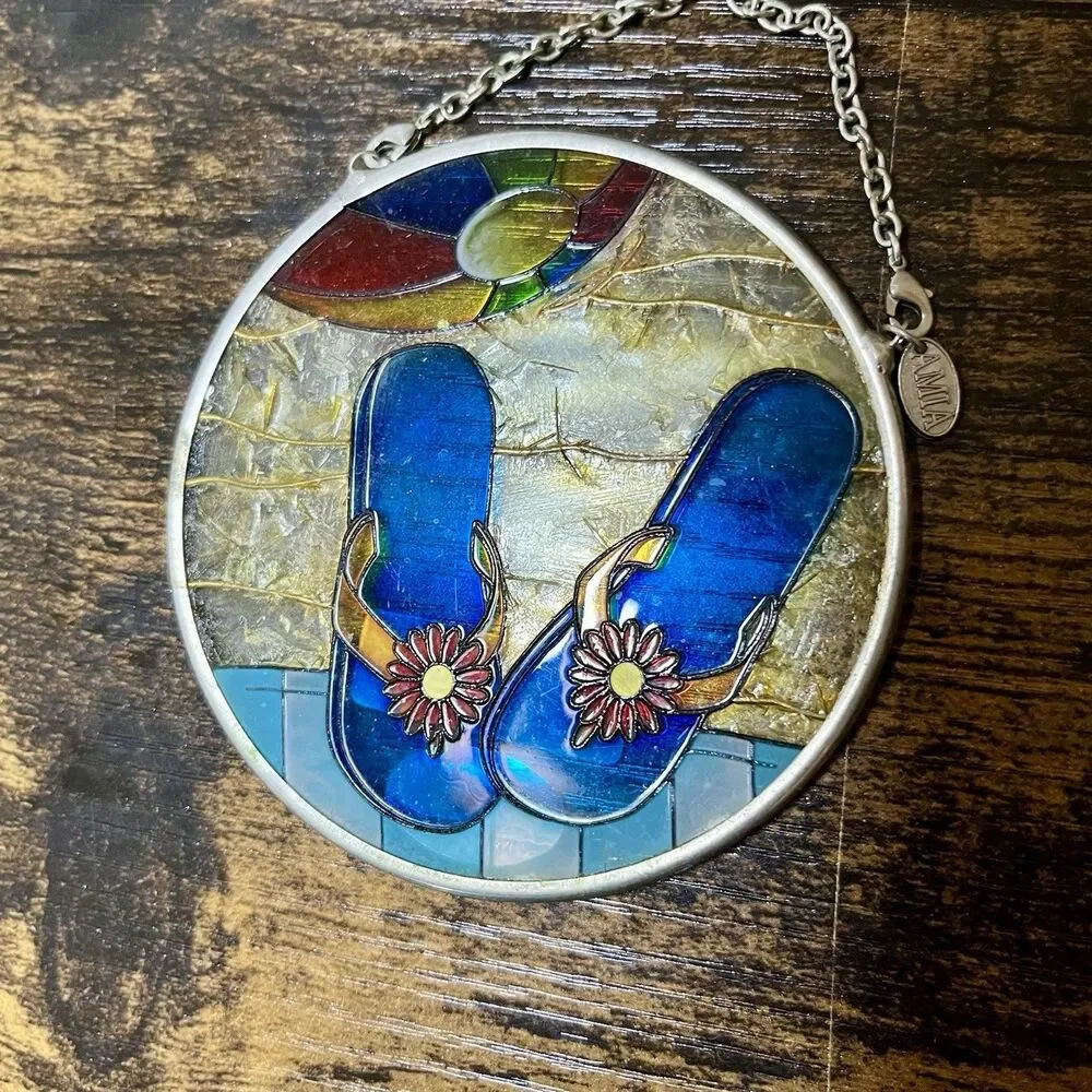 Set of 2 Amia Hand Painted Glass Flip Flop Beach Suncatchers 3.5” Hanging Decor